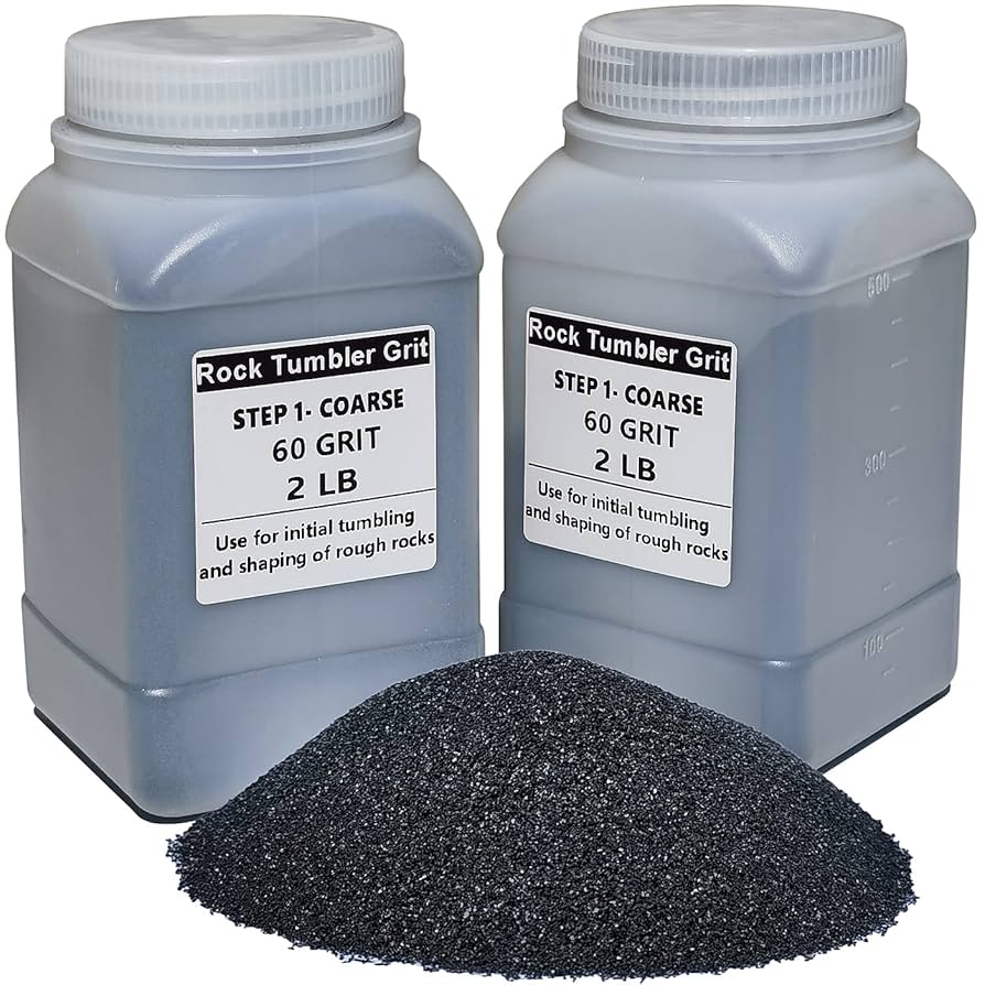 A relevant stock photo of rock tumbling grit for sale in a typical setting.